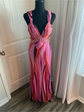 Vintage Nina Austin Y2K 90s 100% Silk Dress Beaded Ruffle Maxi Gown